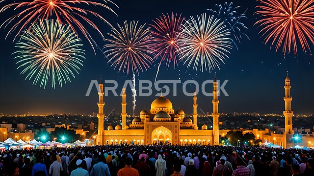  أجواء روحانية إسلامية، المفرقعات الملونة والالعاب النارية في وقت الليل، تصاميم تقليدية للاحتفال بالمناسبات الدينية الإسلامية, خلفية القبب والمآذن الشامخة للمساجد في السعودية، قوالب للتهنئة بالسنة الهجرية الجديدة