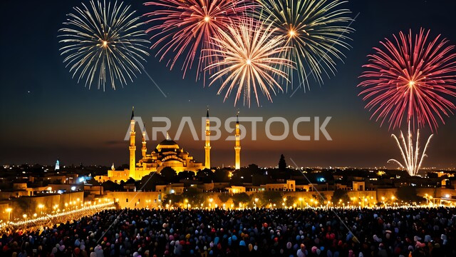 تصاميم تقليدية للاحتفال بالمناسبات الدينية الإسلامية, خلفية القبب والمآذن الشامخة للمساجد في السعودية، قوالب للتهنئة بالسنة الهجرية الجديدة, أجواء روحانية إسلامية، المفرقعات الملونة والالعاب النارية في وقت الليل