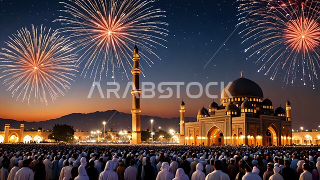 تصاميم تقليدية للاحتفال بالمناسبات الدينية الإسلامية, خلفية القبب والمآذن الشامخة للمساجد في السعودية، قوالب للتهنئة بالسنة الهجرية الجديدة, أجواء روحانية إسلامية، المفرقعات الملونة والالعاب النارية في وقت الليل