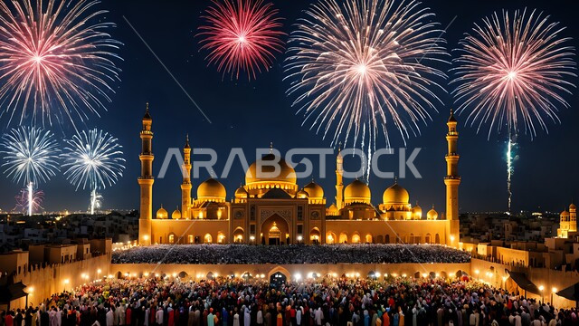 تصاميم تقليدية للاحتفال بالمناسبات الدينية الإسلامية, خلفية القبب والمآذن الشامخة للمساجد في السعودية، قوالب للتهنئة بالسنة الهجرية الجديدة, أجواء روحانية إسلامية، المفرقعات الملونة والالعاب النارية في وقت الليل