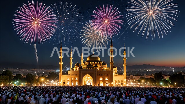 تصاميم تقليدية للاحتفال بالمناسبات الدينية الإسلامية, خلفية القبب والمآذن الشامخة للمساجد في السعودية، قوالب للتهنئة بالسنة الهجرية الجديدة, أجواء روحانية إسلامية، المفرقعات الملونة والالعاب النارية في وقت الليل