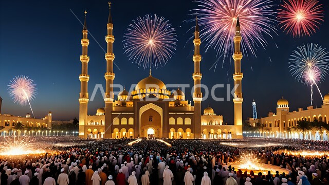 Colorful fireworks and fireworks at night, traditional designs for celebrating Islamic religious occasions, background of domes and towering minarets of mosques in Saudi Arabia, templates for greeting the new Islamic year, Islamic spiritual atmosphere