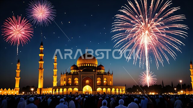 Colorful fireworks and fireworks at night, traditional designs for celebrating Islamic religious occasions, background of domes and towering minarets of mosques in Saudi Arabia, templates for greeting the new Islamic year, Islamic spiritual atmosphere
