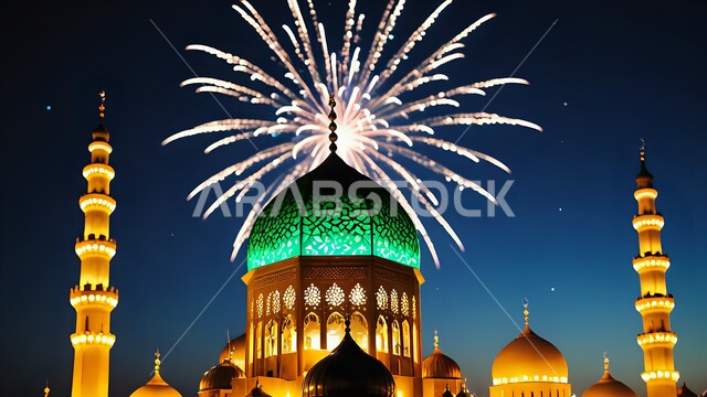 المفرقعات الملونة والالعاب النارية في وقت الليل, تصاميم تقليدية للاحتفال بالمناسبات الدينية الإسلامية, خلفية القبب والمآذن الشامخة للمساجد في السعودية، قوالب للتهنئة بالسنة الهجرية الجديدة, أجواء روحانية إسلامية