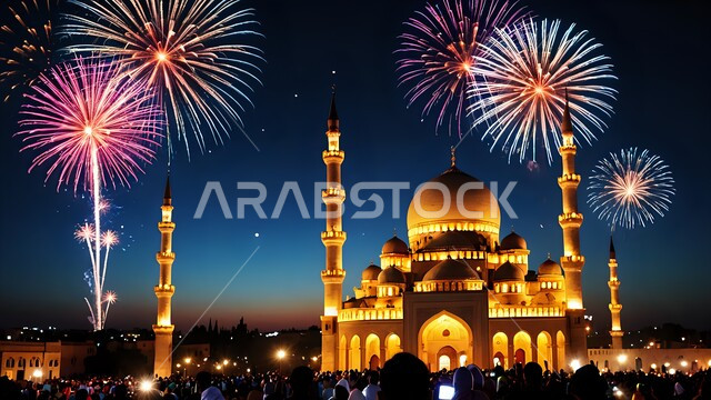 المفرقعات الملونة والالعاب النارية في وقت الليل, تصاميم تقليدية للاحتفال بالمناسبات الدينية الإسلامية, خلفية القبب والمآذن الشامخة للمساجد في السعودية، قوالب للتهنئة بالسنة الهجرية الجديدة, أجواء روحانية إسلامية