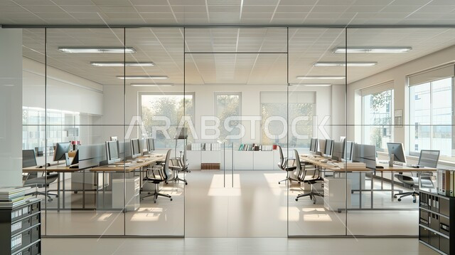 التصميم العصري الحديث للمكاتب في الشركات السعودية، غرفة اجتماعات واسعة مع طاولة بيضاء محاطة بكراسي، غرف مكتبية بتصاميم وديكورات داخلية فخمة، الواجهات الزجاجية الكبيرة