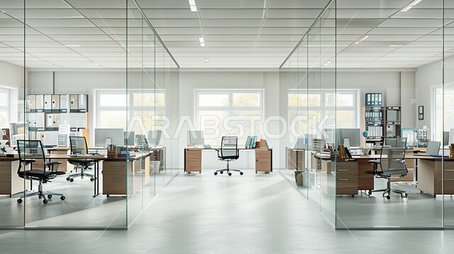 التصميم العصري الحديث للمكاتب في الشركات السعودية، غرفة اجتماعات واسعة مع طاولة بيضاء محاطة بكراسي، غرف مكتبية بتصاميم وديكورات داخلية فخمة، الواجهات الزجاجية الكبيرة