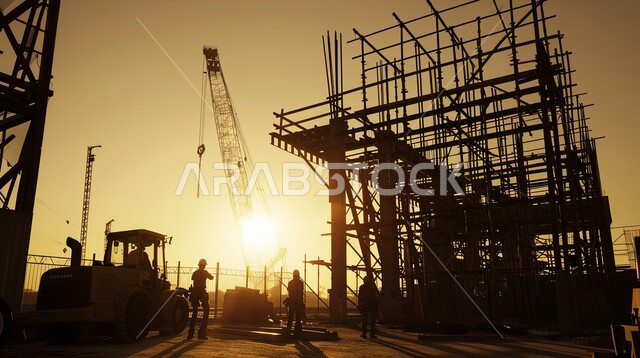 مفهوم الهندسة الانشائية والمعمارية، مجموعة من العمال يقومون بتنفيذ مخطط الإعمار وتشكيل الهيكل المعدني، اعمال البناء وصب الخرسانات ووضع الأساسات، الآلات والمعدات الثقيلة والرافعات والسقالات العالية, صورة ظلية لمبنى قيد الانشاء في المملكة العربية السعودية، سالوييت