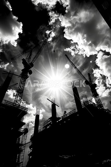 مفهوم الهندسة الانشائية والمعمارية، تنفيذ مخطط الإعمار وتشكيل الهيكل المعدني، اعمال البناء وصب الخرسانات ووضع الأساسات، الآلات والمعدات الثقيلة والرافعات والسقالات العالية, صورة بالابيض والأسود لمبنى قيد الانشاء في المملكة العربية السعودية