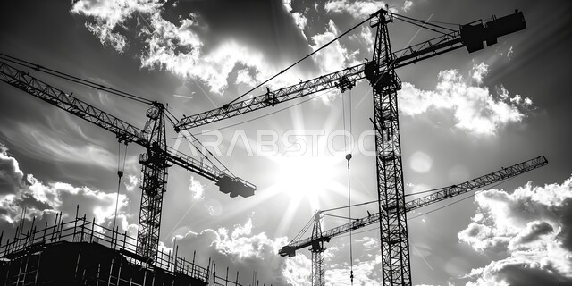 Concept of structural and architectural engineering, implementation of construction plan and formation of metal structure, construction works, pouring concrete and laying foundations, heavy machinery and equipment, cranes and high scaffolding, black and white image of a building under construction in the Kingdom of Saudi ArabiaConcept of structural and architectural engineering, implementation of construction plan and formation of metal structure, construction works, pouring concrete and laying 