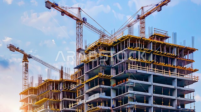 اعمال البناء وصب الخرسانات ووضع الأساسات، الآلات والمعدات الثقيلة والرافعات والسقالات العالية, مبنى قيد الانشاء في المملكة العربية السعودية, مفهوم الهندسة الانشائية والمعمارية، تنفيذ مخطط الإعمار وتشكيل الهيكل المعدني