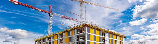 اعمال البناء وصب الخرسانات ووضع الأساسات، الآلات والمعدات الثقيلة والرافعات والسقالات العالية, مبنى قيد الانشاء في المملكة العربية السعودية, مفهوم الهندسة الانشائية والمعمارية، تنفيذ مخطط الإعمار وتشكيل الهيكل المعدني