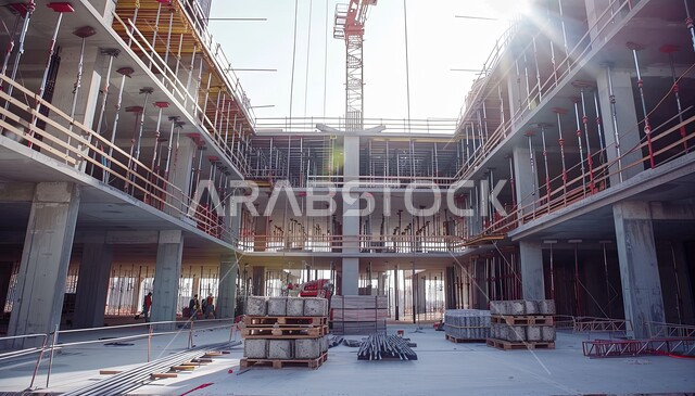 اعمال البناء وصب الخرسانات ووضع الأساسات، الآلات والمعدات الثقيلة والرافعات والسقالات العالية, مبنى قيد الانشاء في المملكة العربية السعودية, مفهوم الهندسة الانشائية والمعمارية، تنفيذ مخطط الإعمار وتشكيل الهيكل المعدني