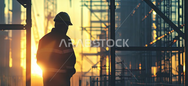 الآلات والمعدات الثقيلة والرافعات والسقالات العالية, صورة ظلية لمبنى قيد الانشاء في المملكة العربية السعودية، مفهوم الهندسة الانشائية والمعمارية، عامل يقوم بتنفيذ مخطط الإعمار وتشكيل الهيكل المعدني، اعمال البناء وصب الخرسانات ووضع الأساسات، سالوييت
