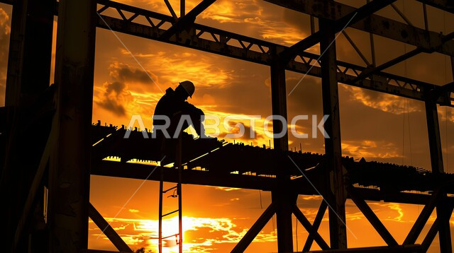 الآلات والمعدات الثقيلة والرافعات والسقالات العالية, صورة ظلية لمبنى قيد الانشاء في المملكة العربية السعودية، مفهوم الهندسة الانشائية والمعمارية، عامل يقوم بتنفيذ مخطط الإعمار وتشكيل الهيكل المعدني، اعمال البناء وصب الخرسانات ووضع الأساسات، سالوييت