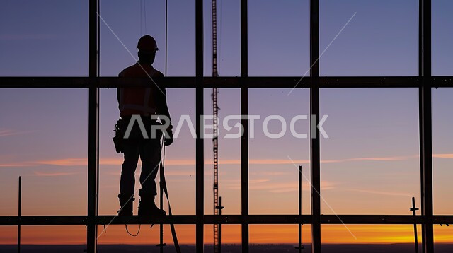 الآلات والمعدات الثقيلة والرافعات والسقالات العالية, صورة ظلية لمبنى قيد الانشاء في المملكة العربية السعودية، مفهوم الهندسة الانشائية والمعمارية، عامل يقوم بتنفيذ مخطط الإعمار وتشكيل الهيكل المعدني، اعمال البناء وصب الخرسانات ووضع الأساسات، سالوييت