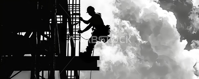 Heavy machinery and equipment, cranes and high scaffolding, silhouette of a building under construction in Saudi Arabia, concept of structural and architectural engineering, worker implementing construction plan and forming metal structure, construction works, pouring concrete and laying foundations, Salouet