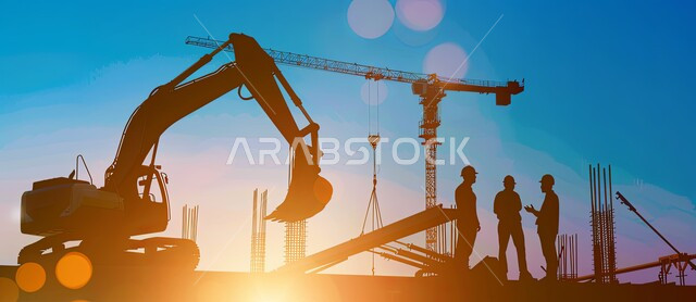 مفهوم الهندسة الانشائية والمعمارية، مجموعة من العمال يقومون بتنفيذ مخطط الإعمار وتشكيل الهيكل المعدني، اعمال البناء وصب الخرسانات ووضع الأساسات، الآلات والمعدات الثقيلة والرافعات والسقالات العالية, صورة ظلية لمبنى قيد الانشاء في المملكة العربية السعودية، سالوييت