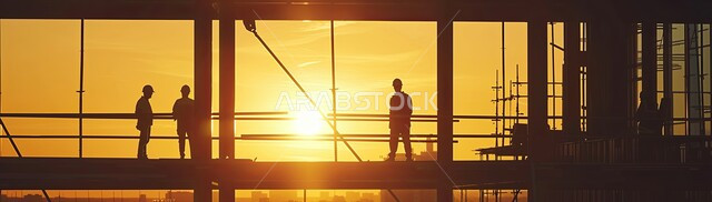 Concept of structural and architectural engineering, group of workers implementing construction plan and forming metal structure, construction works, pouring concrete and laying foundations, heavy machinery and equipment, cranes and high scaffolding, silhouette of a building under construction in Saudi Arabia, Saluit