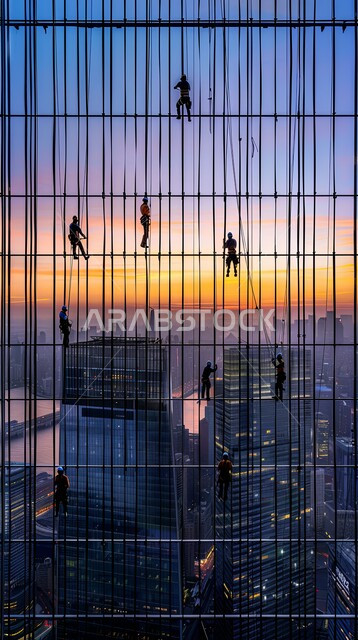 Concept of structural and architectural engineering, group of workers implementing construction plan and forming metal structure, construction works, pouring concrete and laying foundations, heavy machinery and equipment, cranes and high scaffolding, silhouette of a building under construction in Saudi Arabia, Saluit