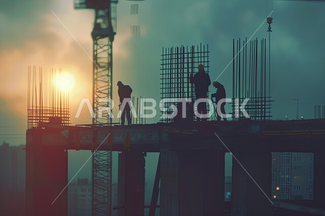 مفهوم الهندسة الانشائية والمعمارية، مجموعة من العمال يقومون بتنفيذ مخطط الإعمار وتشكيل الهيكل المعدني، اعمال البناء وصب الخرسانات ووضع الأساسات، الآلات والمعدات الثقيلة والرافعات والسقالات العالية, صورة ظلية لمبنى قيد الانشاء في المملكة العربية السعودية، سالوييت