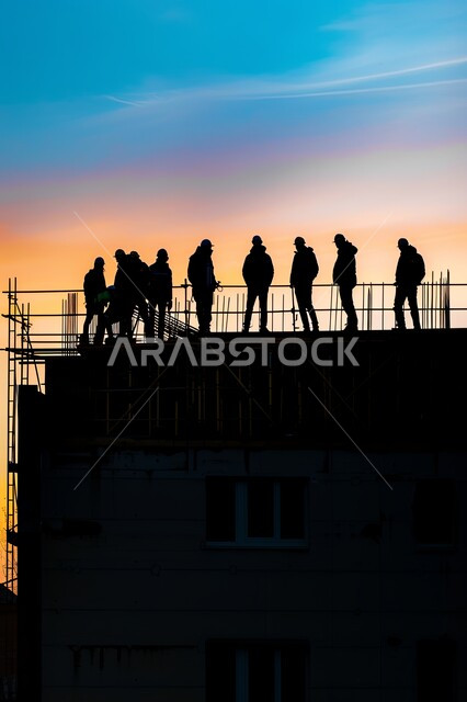  مجموعة من العمال يقومون بتنفيذ مخطط الإعمار وتشكيل الهيكل المعدني، اعمال البناء وصب الخرسانات ووضع الأساسات، الآلات والمعدات الثقيلة والرافعات والسقالات العالية, صورة ظلية لمبنى قيد الانشاء في المملكة العربية السعودية، مفهوم الهندسة الانشائية والمعمارية، سالوييت