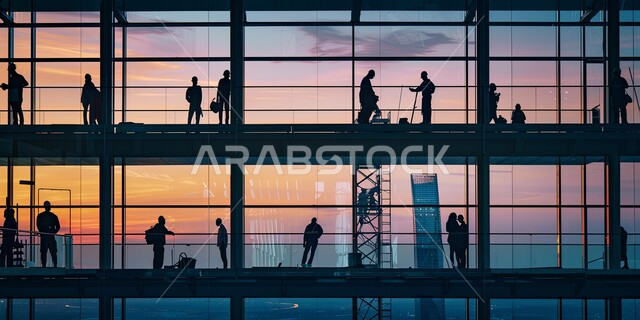  مجموعة من العمال يقومون بتنفيذ مخطط الإعمار وتشكيل الهيكل المعدني، اعمال البناء وصب الخرسانات ووضع الأساسات، الآلات والمعدات الثقيلة والرافعات والسقالات العالية, صورة ظلية لمبنى قيد الانشاء في المملكة العربية السعودية، مفهوم الهندسة الانشائية والمعمارية، سالوييت