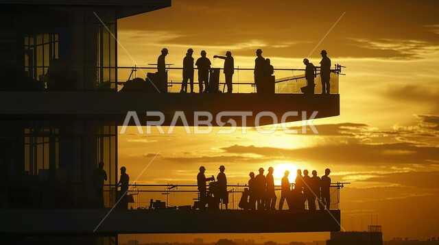 صورة ظلية لمبنى قيد الانشاء في المملكة العربية السعودية، مفهوم الهندسة الانشائية والمعمارية، مجموعة من العمال يقومون بتنفيذ مخطط الإعمار وتشكيل الهيكل المعدني، اعمال البناء وصب الخرسانات ووضع الأساسات، الآلات والمعدات الثقيلة والرافعات والسقالات العالية, سالوييت