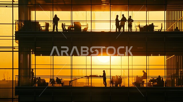 صورة ظلية لمبنى قيد الانشاء في المملكة العربية السعودية، مفهوم الهندسة الانشائية والمعمارية، مجموعة من العمال يقومون بتنفيذ مخطط الإعمار وتشكيل الهيكل المعدني، اعمال البناء وصب الخرسانات ووضع الأساسات، الآلات والمعدات الثقيلة والرافعات والسقالات العالية, سالوييت