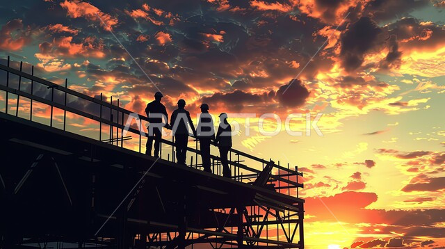 صورة ظلية لمبنى قيد الانشاء في المملكة العربية السعودية، مفهوم الهندسة الانشائية والمعمارية، مجموعة من العمال يقومون بتنفيذ مخطط الإعمار وتشكيل الهيكل المعدني، اعمال البناء وصب الخرسانات ووضع الأساسات، الآلات والمعدات الثقيلة والرافعات والسقالات العالية, سالوييت