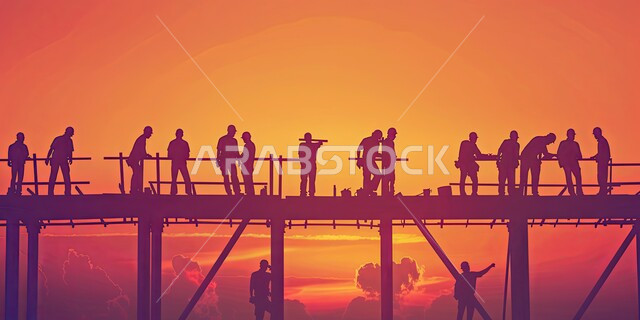 صورة ظلية لمبنى قيد الانشاء في المملكة العربية السعودية، مفهوم الهندسة الانشائية والمعمارية، مجموعة من العمال يقومون بتنفيذ مخطط الإعمار وتشكيل الهيكل المعدني، اعمال البناء وصب الخرسانات ووضع الأساسات، الآلات والمعدات الثقيلة والرافعات والسقالات العالية, سالوييت