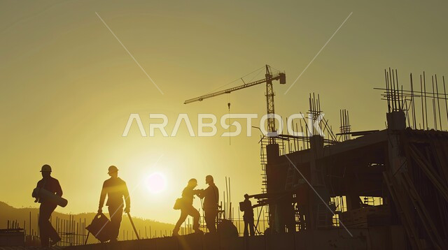 صورة ظلية لمبنى قيد الانشاء في المملكة العربية السعودية، مفهوم الهندسة الانشائية والمعمارية، مجموعة من العمال يقومون بتنفيذ مخطط الإعمار وتشكيل الهيكل المعدني، اعمال البناء وصب الخرسانات ووضع الأساسات، الآلات والمعدات الثقيلة والرافعات والسقالات العالية, سالوييت