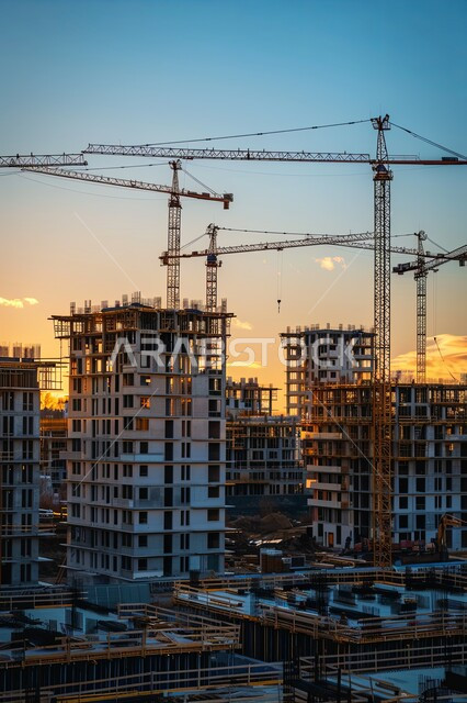 اعمال البناء وصب الخرسانات ووضع الأساسات، الآلات والمعدات الثقيلة والرافعات والسقالات العالية, مبنى قيد الانشاء في المملكة العربية السعودية, مفهوم الهندسة الانشائية والمعمارية، تنفيذ مخطط الإعمار وتشكيل الهيكل المعدني