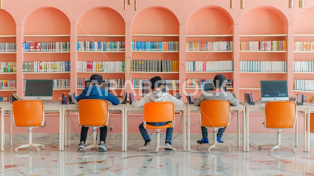 طلاب عرب سعوديون خليجيون يجلسون في المكتبة، دمج التقنيات الحديثة في الحياة العلمية، مفهوم التعليم الذاتي، بيئه مدرسيه تعليميه متطوره, مدارس أكاديميه في المملكة العربية السعودية، مفهوم العودة إلى المدارس