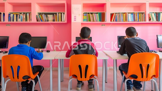 تنمية المهارات الثقافية والفكرية، جودة التعليم في المملكة العربية السعودية، مفهوم العودة إلى المدارس، طلاب عرب سعوديون خليجيون يجلسون في المكتبة ويستخدمون الحاسب، دمج التقنيات الحديثة في الحياة العلمية، مفهوم التعليم الذاتي