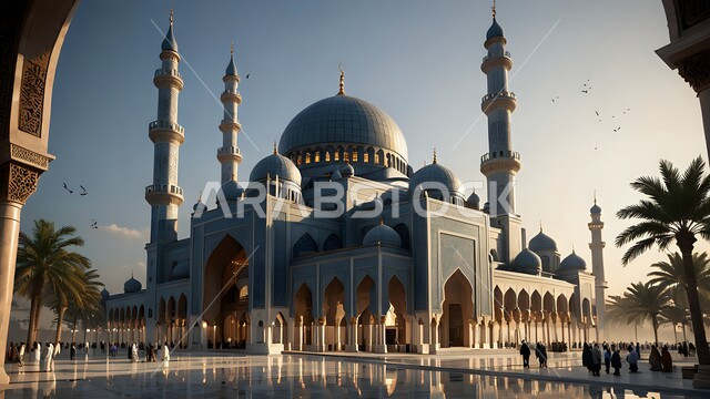 مسجد مهيب عند غروب الشمس بتفاصيله المعمارية المعقدة, مفهوم المعلم الروحاني, نداء المسلمين لأداء العبادات والفرائض, العبادة والتقرب إلى الله تعالى, الهندسة على الطراز الحديث والمتطور لبناء المساجد في المملكة العربية السعودية