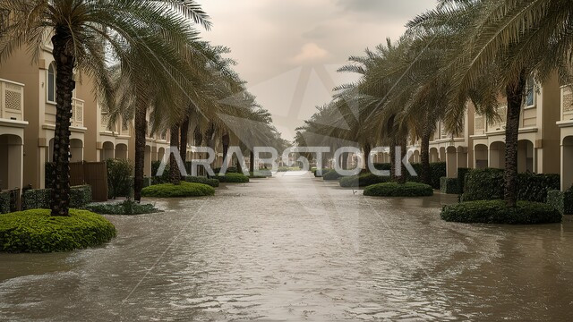 البرك العميقة والأمواج الصغيرة المتشكلة، الأجواء الشتوية وهطول الأمطار الغزيرة في الإمارات العربية المتحدة، صورة لشارع غارق بمياه المطر في مدينة دبي، النمو والتطور العمراني في بناء الأبراج والمجمعات السكنية، أشجار النخيل الممتدة على جانبي الطريق
