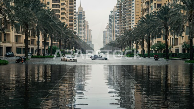 البرك العميقة والأمواج الصغيرة المتشكلة، الأجواء الشتوية وهطول الأمطار الغزيرة في الإمارات العربية المتحدة، صورة لشارع غارق بمياه المطر في مدينة دبي، النمو والتطور العمراني في بناء الأبراج والمجمعات السكنية، أشجار النخيل الممتدة على جانبي الطريق