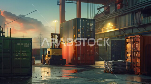 مفهوم اللوجستيات والنقل, مرفأ تجاري لتوصيل السلع والمنتجات المحلية عبر السفن في البحار, التجارة والصناعة والاقتصاد البحري، ميناء لنقل البضائع في المملكة العربية السعودية في وقت غروب الشمس، صورة مقربة لمحطة شحن وتعبئة الحاويات التجارية