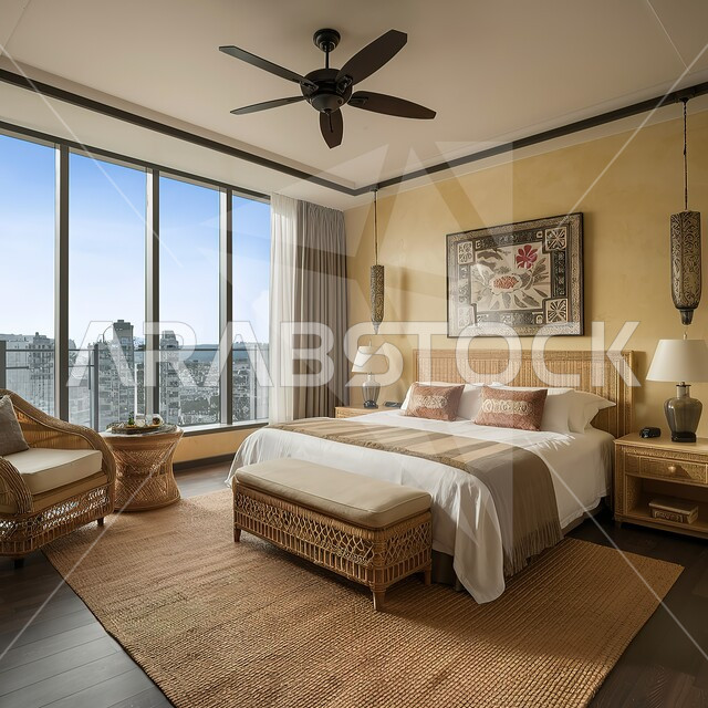 تصميم داخلي راقي لغرفة نوم بأسلوب حديث مطلة على أبراج المدينة، الفنون الهندسية في الأثاث المصنوع من الخيزران، سرير خشبي مريح، اكسسوارات وزينة بسيطة، دخول ضوء الشمس من الواجهة والنوافذ الزجاجية الكبيرة، الديكورات الداخلية للمنازل والشقق السكنية
