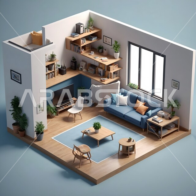 مخطط ثلاثي الأبعاد لشقة سكنية بتصاميم عصرية  جذابة، ديكورات فاخرة وهادئة، أثاث منزلي راقي، شقق سكنية سياحية، منازل داخلية مفروشة، تصميم معماري هندسي حديث