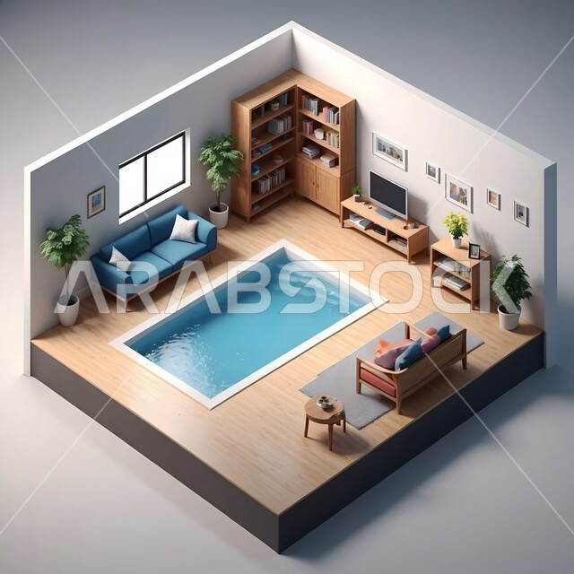 مخطط ثلاثي الأبعاد لشقة سكنية بتصاميم عصرية  جذابة، ديكورات فاخرة وهادئة، أثاث منزلي راقي، شقق سكنية سياحية، منازل داخلية مفروشة، تصميم معماري هندسي حديث