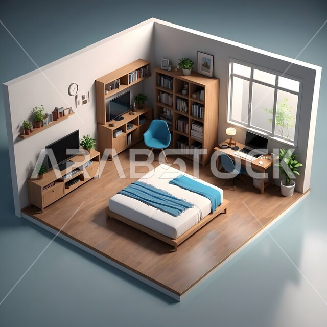 A 3D plan for a residential apartment with attractive modern designs, luxurious and calm decor, upscale home furnishings, tourist residential apartments, furnished interior homes, modern engineering architectural design