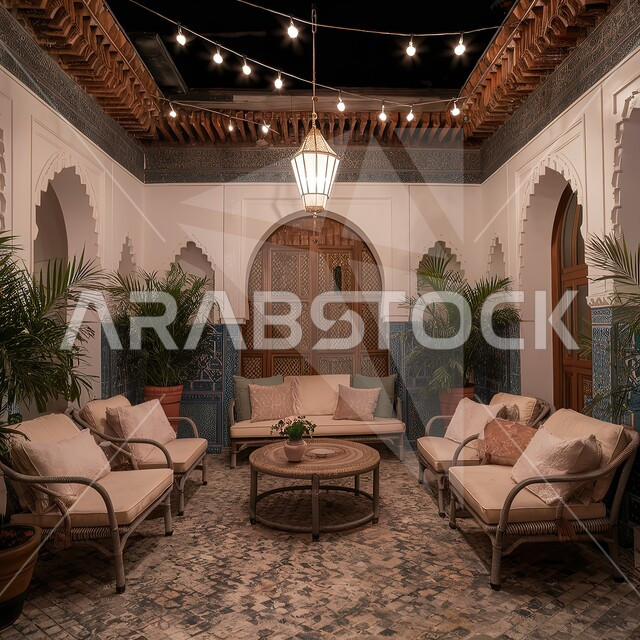المحافظة على التراث التقليدي في المملكة العربية السعودية، ديكورات داخلية على النمط العربي القديم، تصميم الأقواس على الطراز الإسلامي المعماري، تصاميم راقية لغرفة المجلس أو المعيشة, أثاث واكسسوارات وأضواء فاخرة