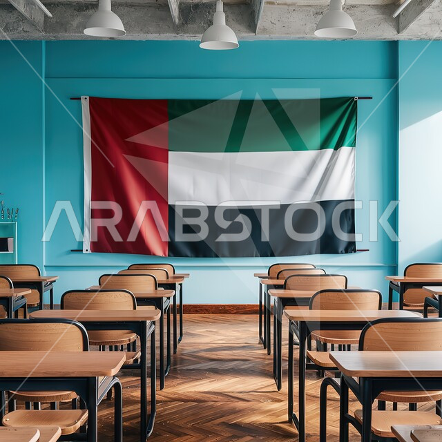 المدارس المتطورة في الامارات العربية المتحدة، صورة من داخل الفصل الدراسي للعلم الاماراتي المعلق على الحائط، المقاعد والكراسي الخشبية المريحة، زرع الانتماء الوطني وحب الوطن والعلم في الأجيال الناشئة الجديدة