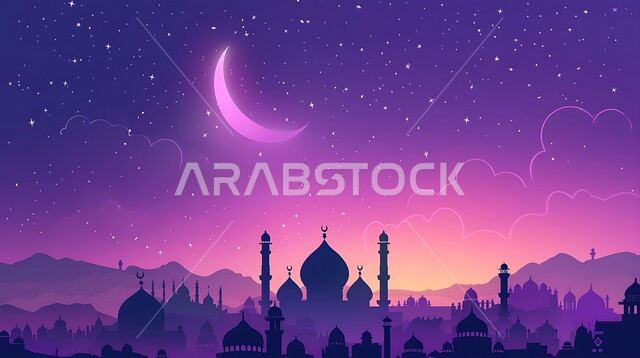 زينة الاعياد والمناسبات الدينية في المملكة العربية السعودية، رسوم توضيحية ثلاثية الابعاد لمآذن وقبب المساجد الإسلامية، منظر الهلال المضيء في السماء، قدوم شهر الخير، مفهوم العبادة والتقرب إلى الله تعالى، الديكورات والتصاميم الهندسية المميزة في رمضان المبارك