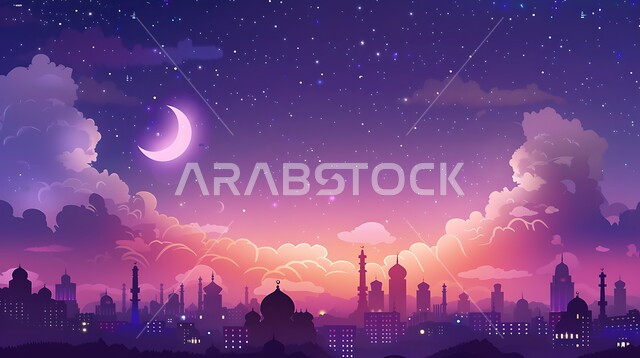 3D model of a mosque in purple color, Islamic architectural art of domes and minarets in Saudi Arabia, background of cloudy sky and crescent moon of the holy month of Ramadan, Islamic religious occasions and holidays