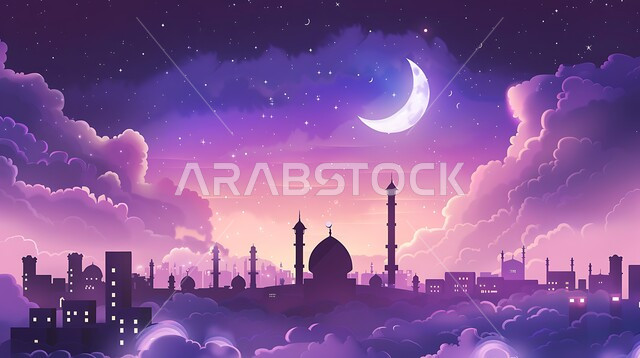 خلفية السماء المليئة بالغيوم وهلال شهر رمضان المبارك، مجسم ثلاثي الابعاد لمسجد باللون البنفسجي، الفن الهندسي المعماري على الطراز الاسلامي للقبب والمآذن في المملكة العربية السعودية، المناسبات و الأعياد الإسلامية الدينية
