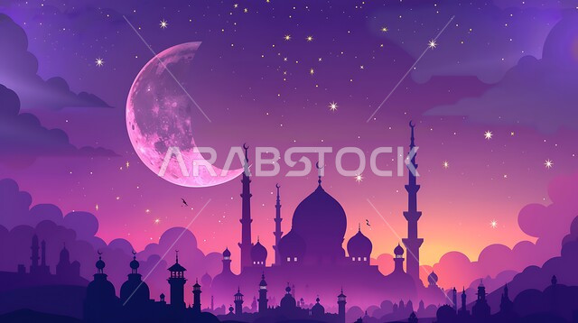 أجواء رمضانية روحانية، الفن الهندسي المعماري على الطراز الاسلامي للقبب والمآذن في المملكة العربية السعودية، خلفية السماء المليئة بالغيوم وهلال شهر رمضان المبارك، مجسم ثلاثي الابعاد لمسجد باللون البنفسجي، المناسبات و الأعياد الإسلامية الدينية