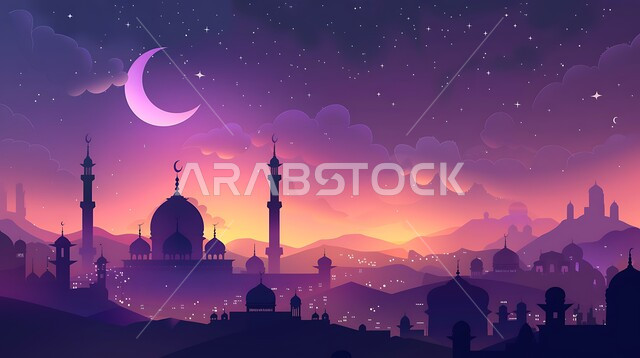 الديكورات والتصاميم الهندسية المميزة في رمضان المبارك، زينة الاعياد والمناسبات الدينية في المملكة العربية السعودية، رسوم توضيحية ثلاثية الابعاد لمآذن وقبب المساجد الإسلامية، منظر الهلال المضيء في السماء، قدوم شهر الخير، مفهوم العبادة والتقرب إلى الله تعالى